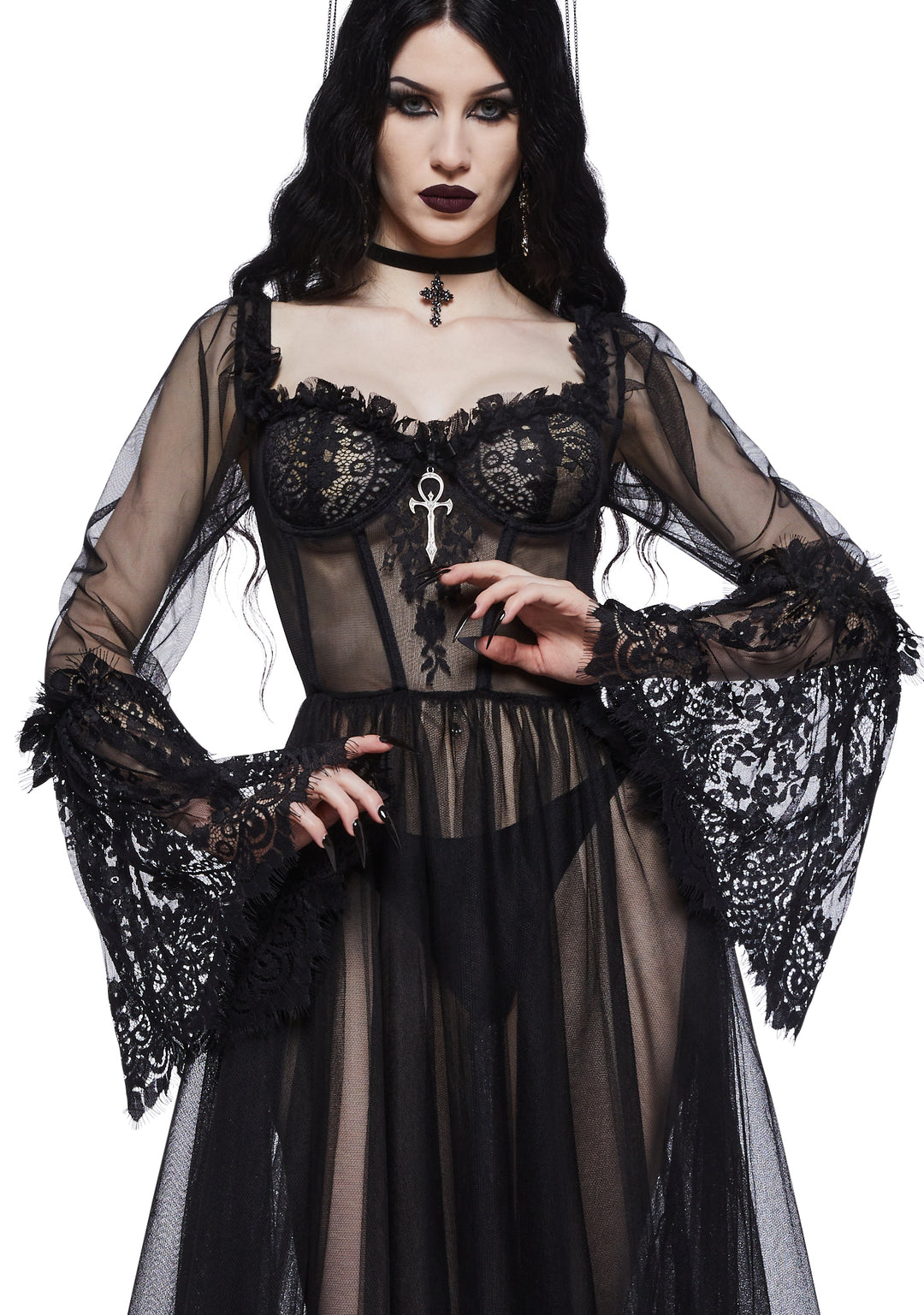 Widow Gothic Lace Bustier Long Sleeve Maxi Gown - Black - Image 2