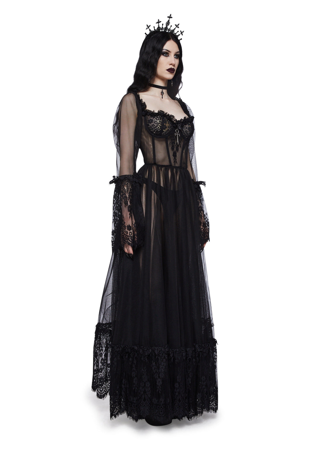 Widow Gothic Lace Bustier Long Sleeve Maxi Gown - Black - Image 3