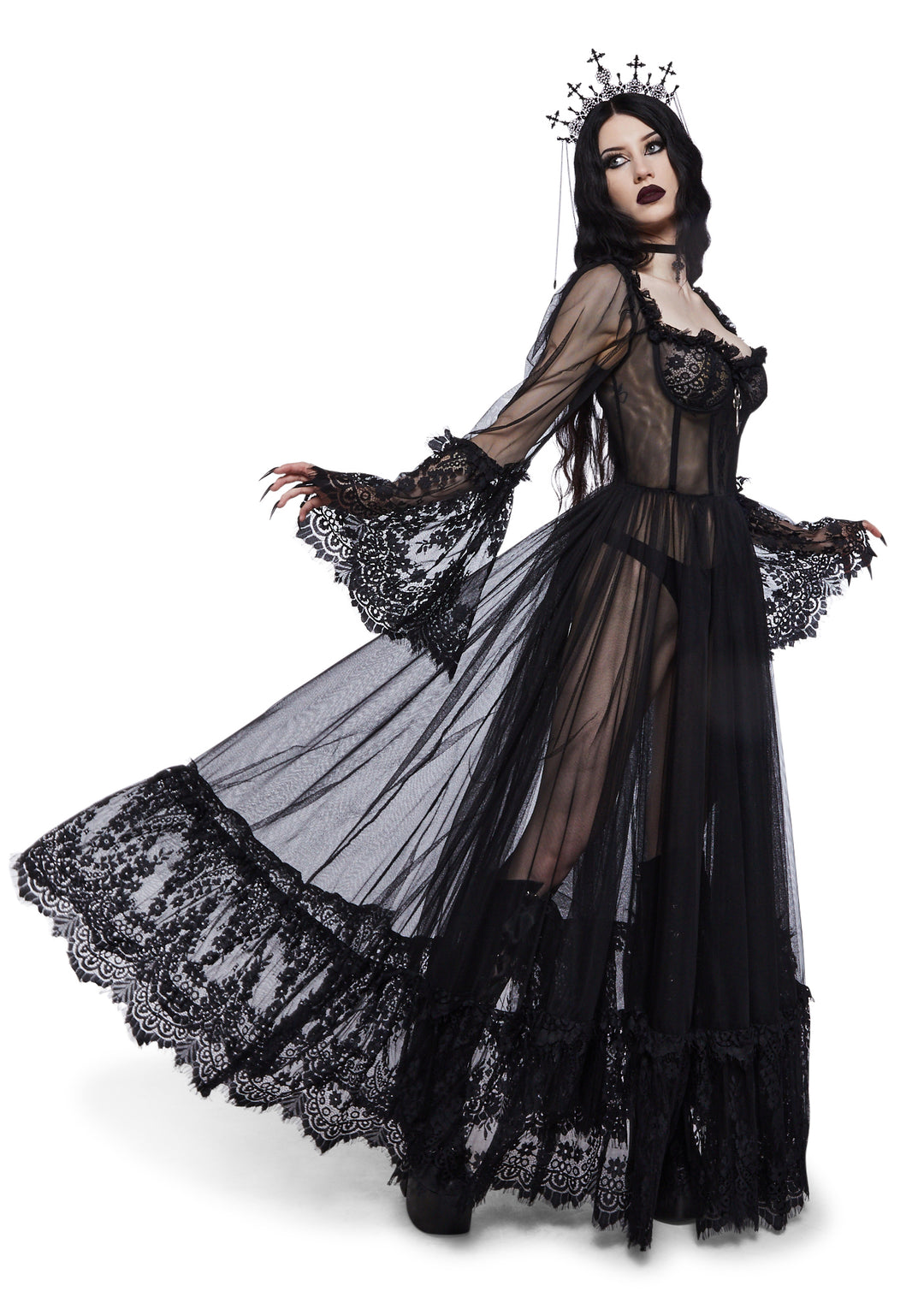 Widow Gothic Lace Bustier Long Sleeve Maxi Gown - Black - Image 5