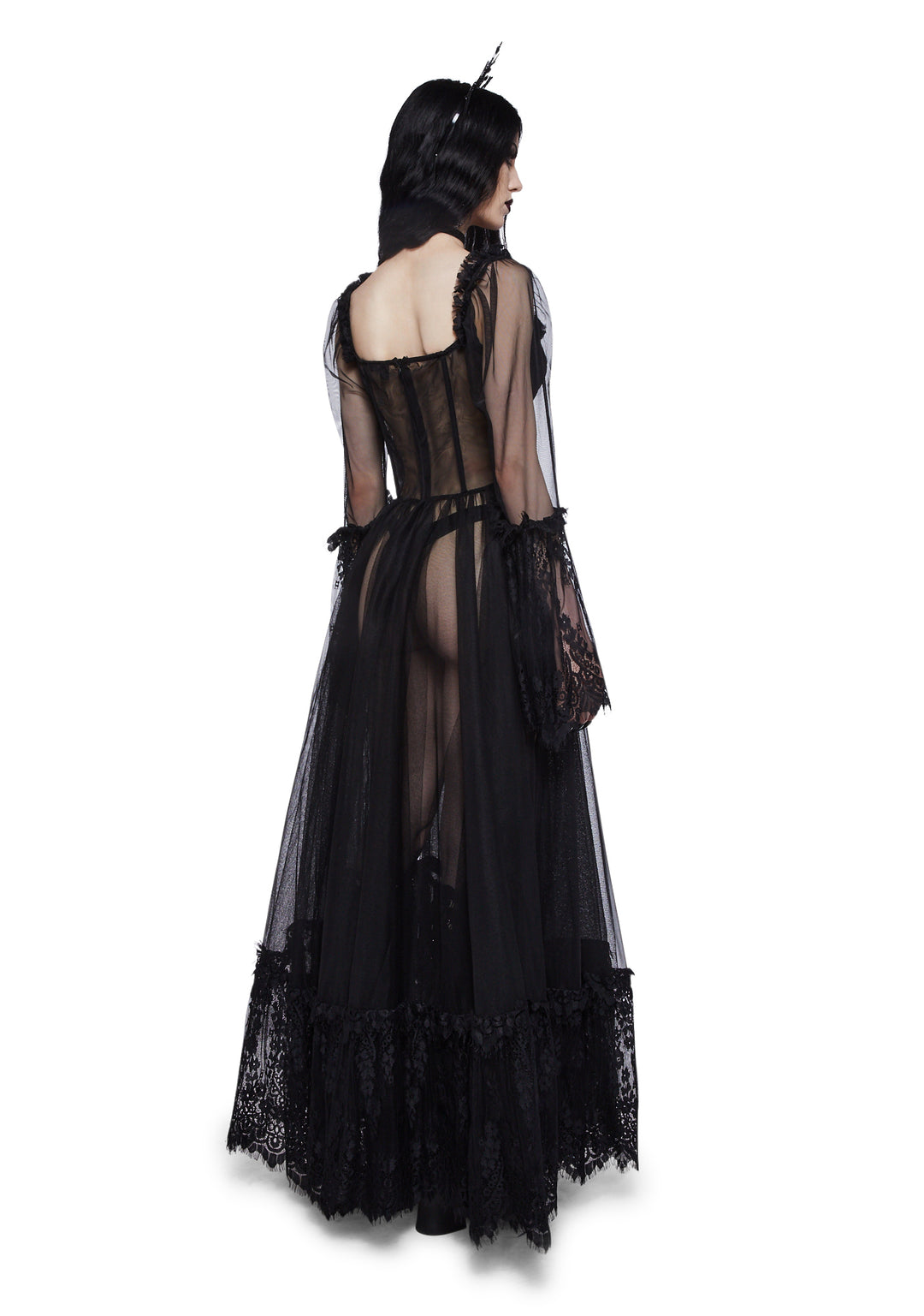 Widow Gothic Lace Bustier Long Sleeve Maxi Gown - Black - Image 4