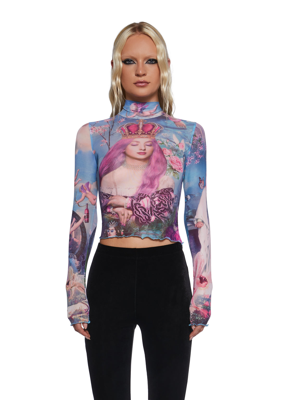 Sugar Thrillz Renaissance Print Mesh Long Sleeve Top - Multicolor