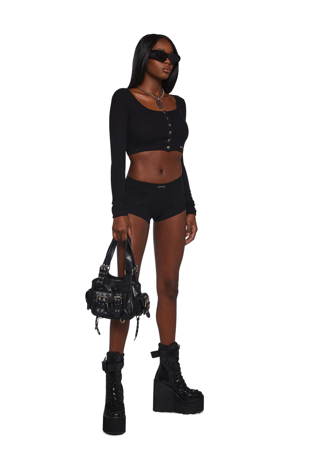 Poster Grl Crop Henley & Lounge Shorts Set - Black - Image 2