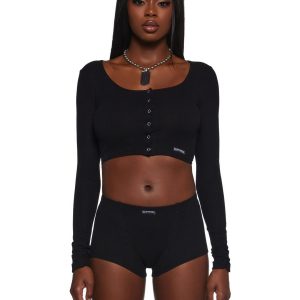 Poster Grl Crop Henley & Lounge Shorts Set - Black