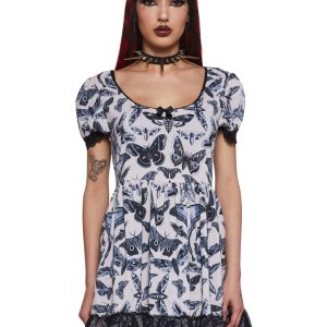 Widow Fairy Lace Moth Print Mini Dress - White Black