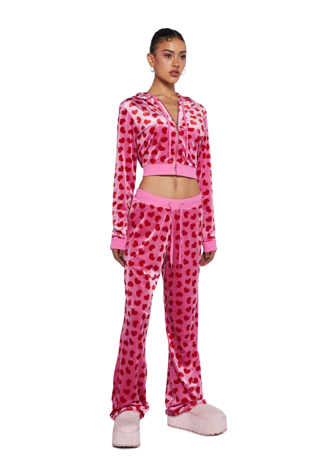 Sugar Thrillz Heart Print Velour Track Jacket - Pink/Red - Image 2