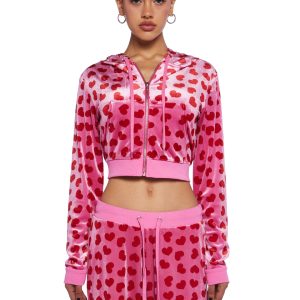 Sugar Thrillz Heart Print Velour Track Jacket - Pink/Red