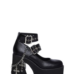 Widow Platform Double Strap Mary Janes With Chains And Crosses - Black