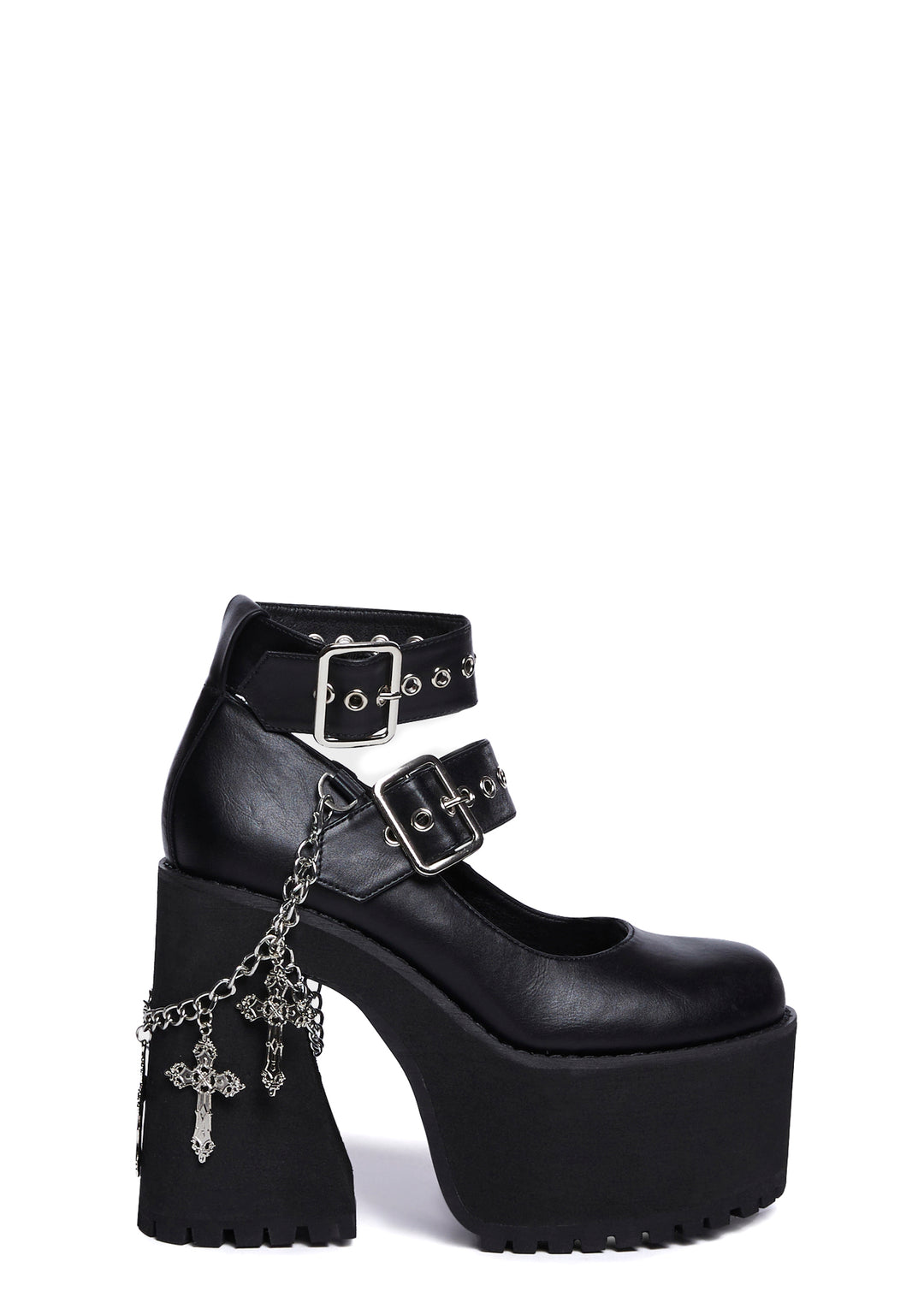 Widow Platform Double Strap Mary Janes With Chains And Crosses - Black