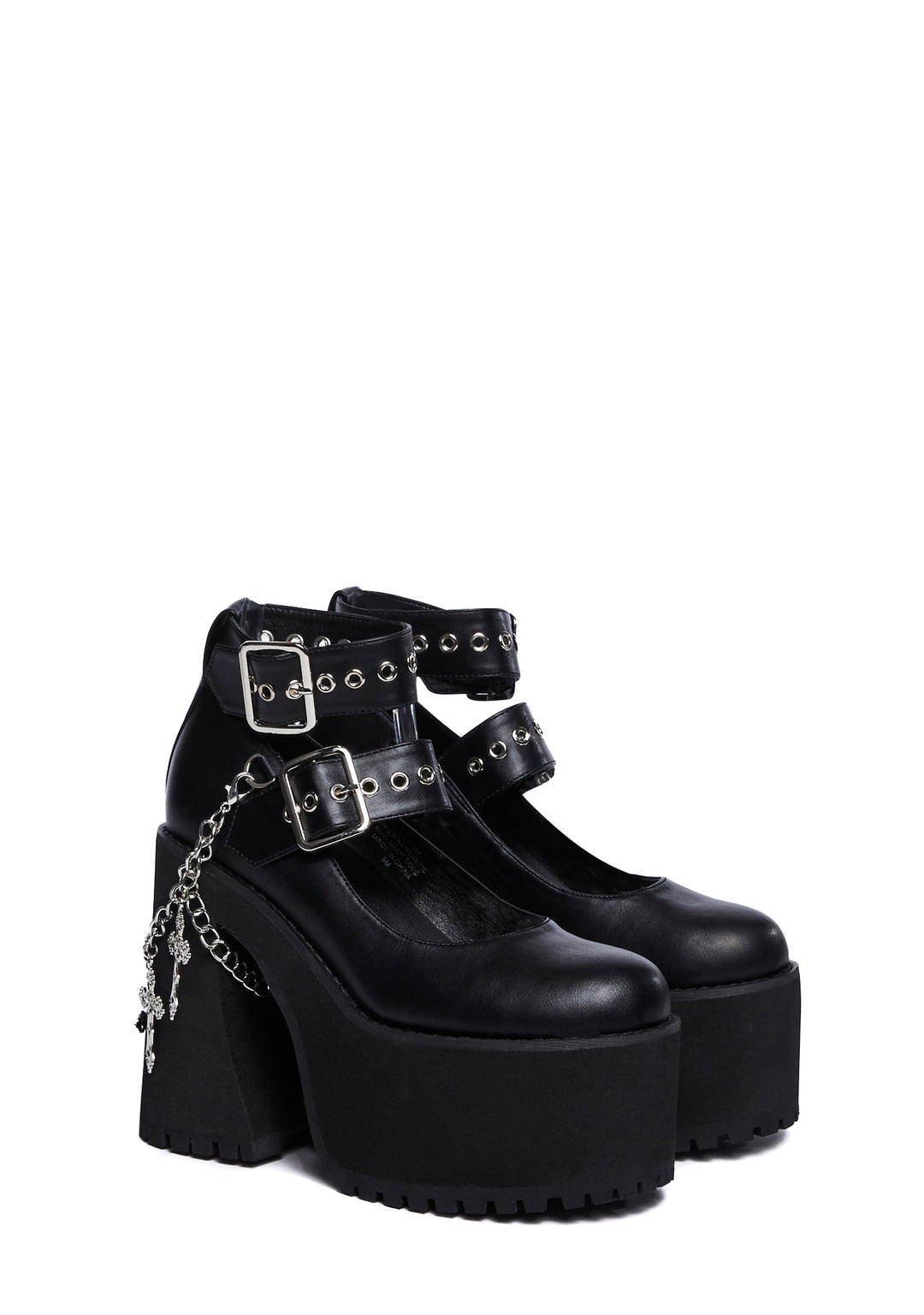 Widow Platform Double Strap Mary Janes With Chains And Crosses - Black - Image 2