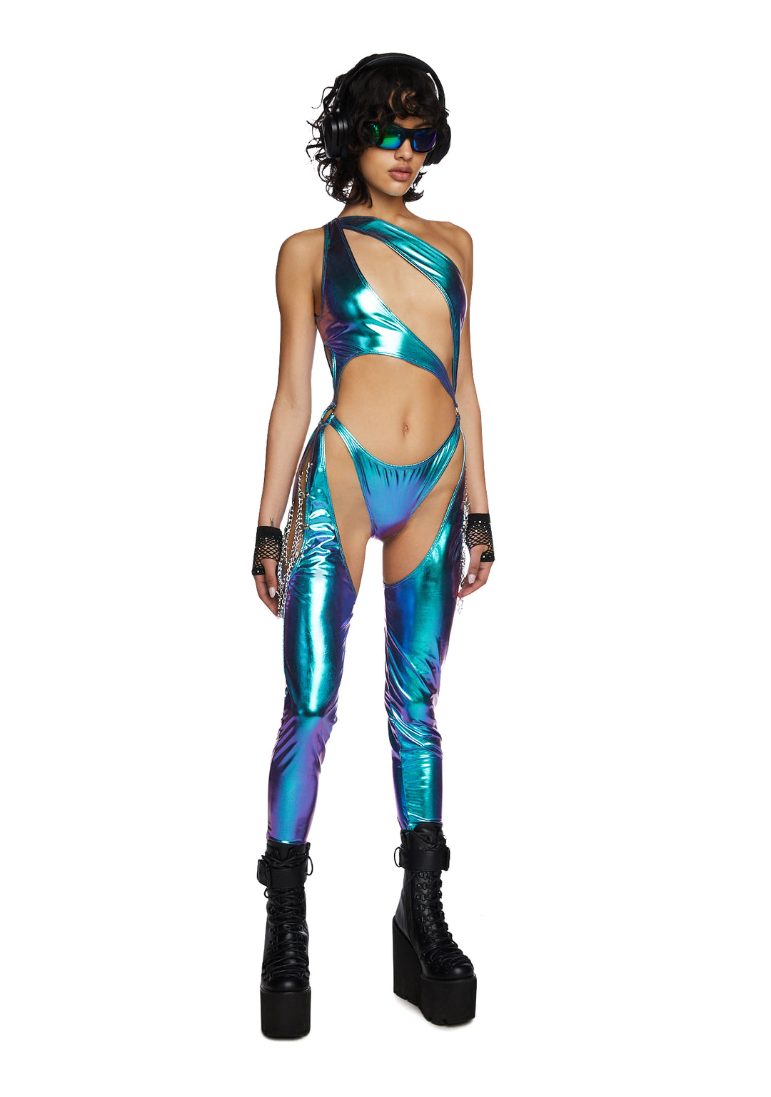 Club Exx Burning Man Blue Metallic Cut-Out Chain Catsuit - Image 4