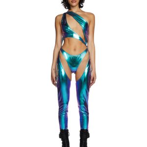 Club Exx Burning Man Blue Metallic Cut-Out Chain Catsuit