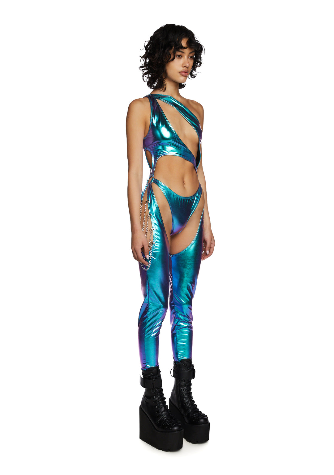 Club Exx Burning Man Blue Metallic Cut-Out Chain Catsuit - Image 3