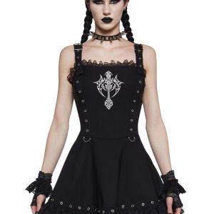 Widow Cross Embroidered Mini Dress With Eyelet Buckle Straps