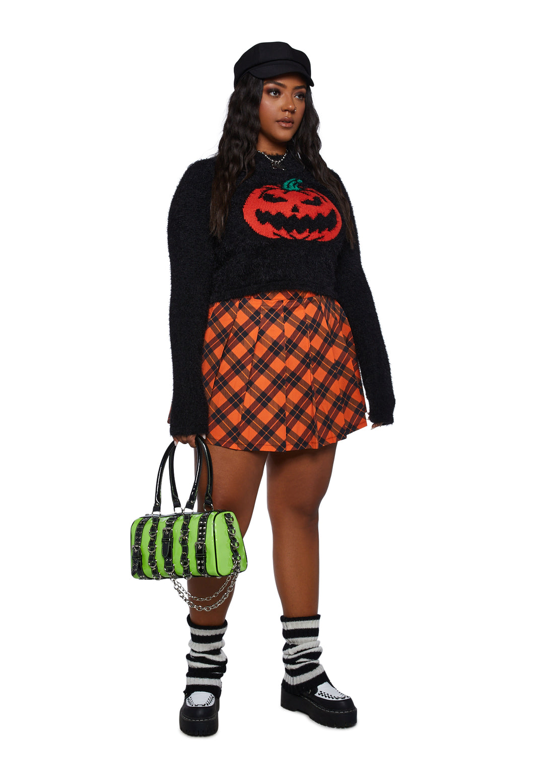 Plus Size Halloween Pleated Plaid Mini Skirt Orange Black - Image 2