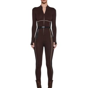 Poster Grl Mesh Panel Zip Up Belted Jumpsuit Brown