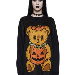 Trickz N Treatz Pumpkin Bear Intarsia Oversized Sweater