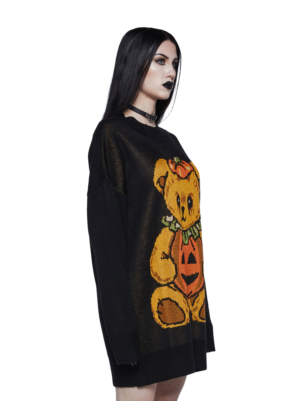 Trickz N Treatz Pumpkin Bear Intarsia Oversized Sweater - Image 3