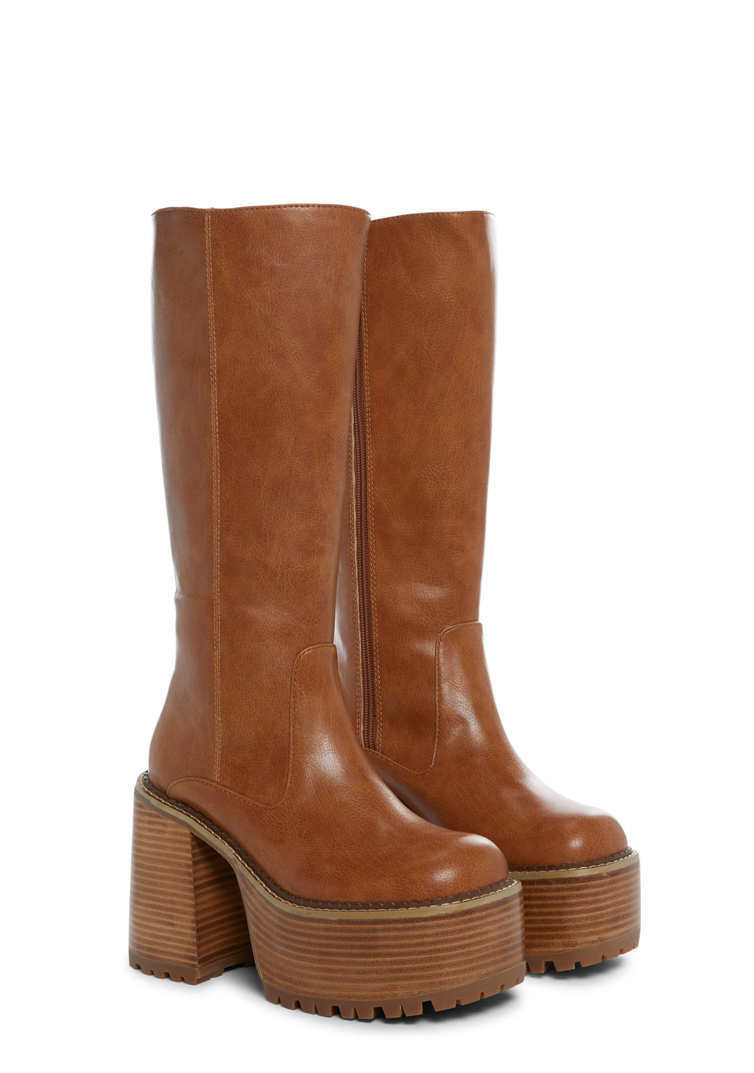 Delia's PU Knee High Platform Boots - Light Brown - Image 3