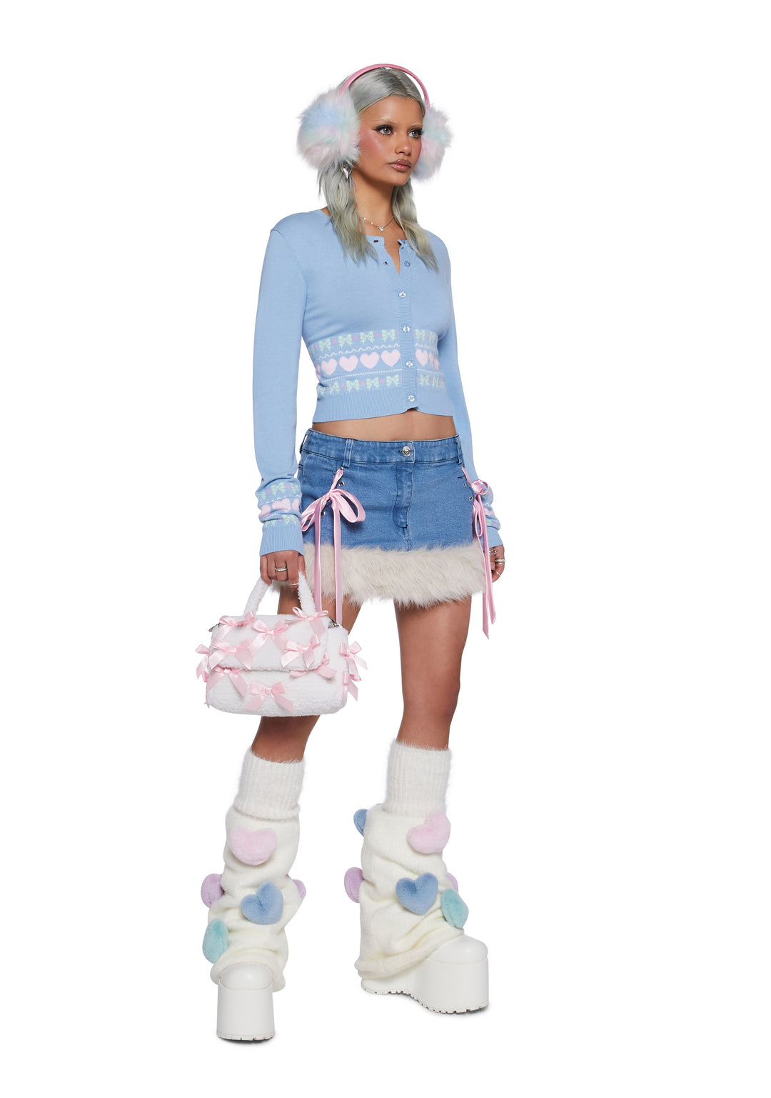Sugar Thrillz Heart And Bow Intarsia Button Up Sweater - Baby Blue - Image 2