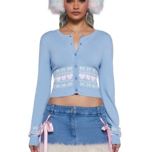 Sugar Thrillz Heart And Bow Intarsia Button Up Sweater - Baby Blue