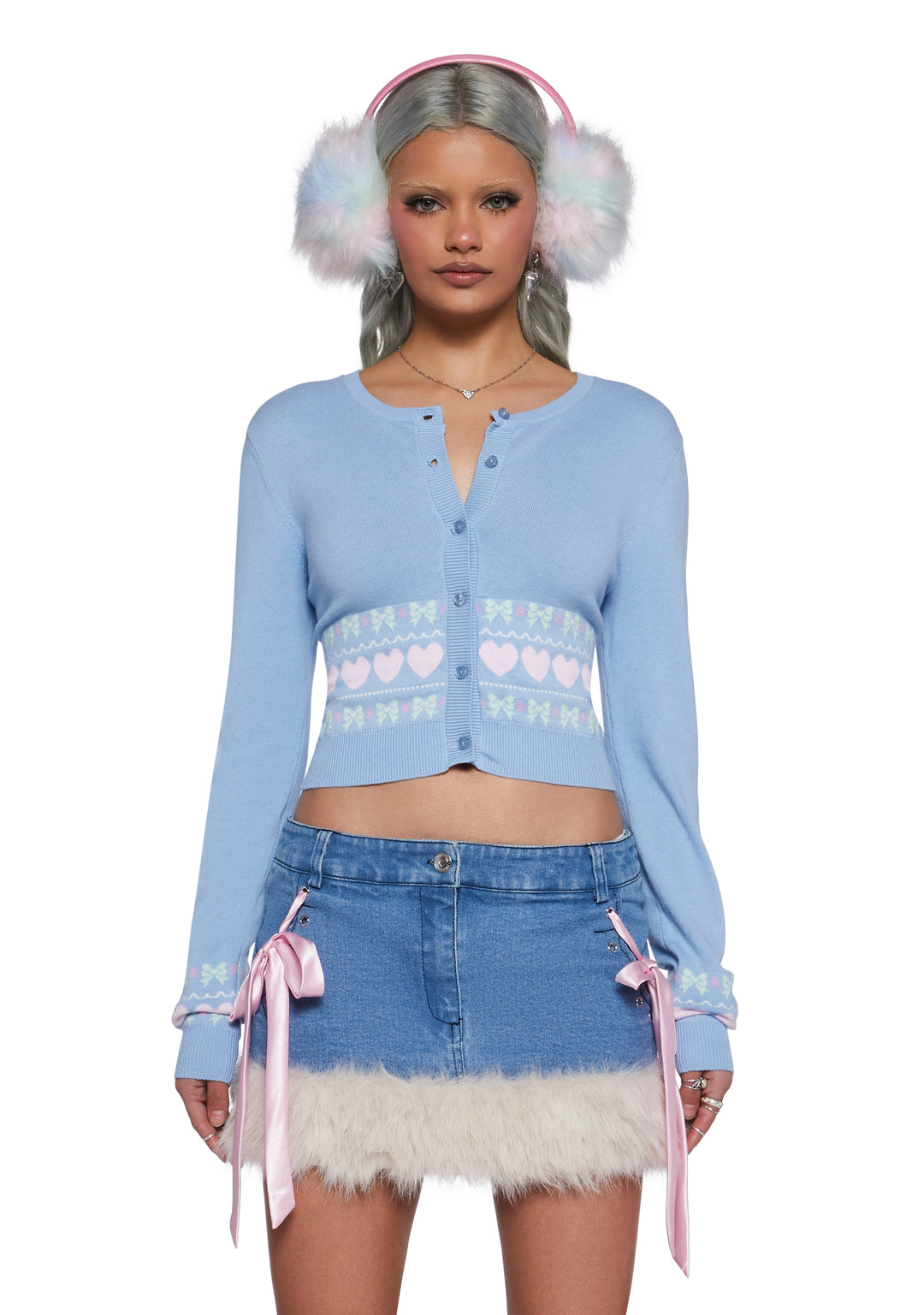 Sugar Thrillz Heart And Bow Intarsia Button Up Sweater - Baby Blue