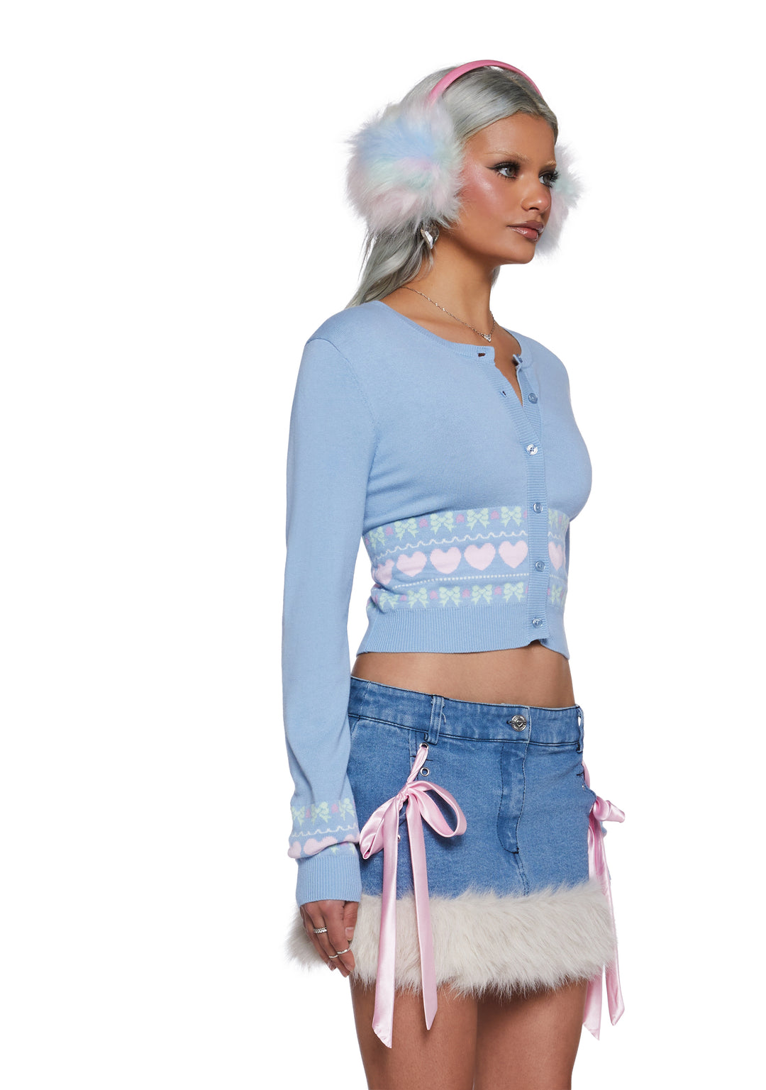Sugar Thrillz Heart And Bow Intarsia Button Up Sweater - Baby Blue - Image 3