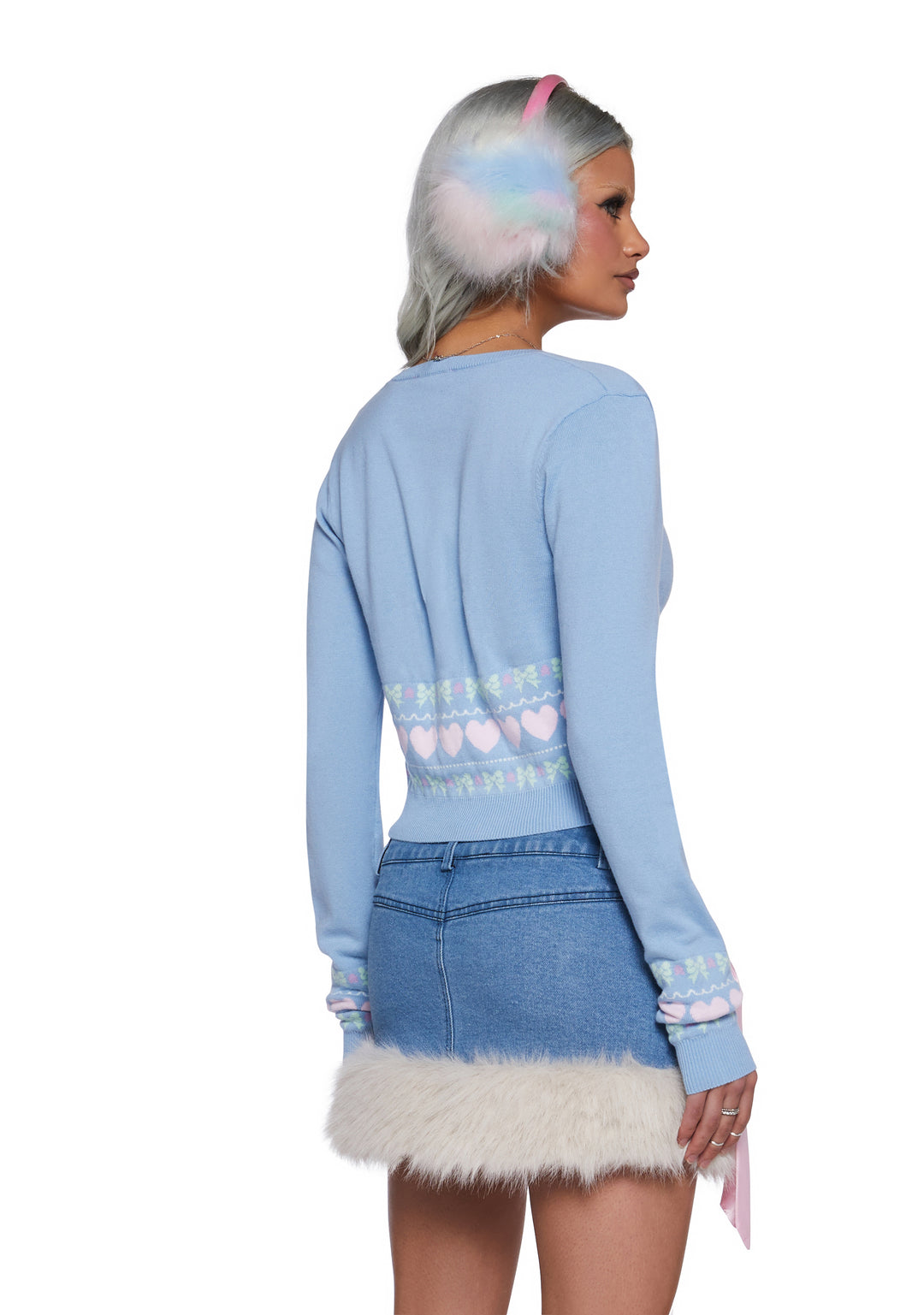 Sugar Thrillz Heart And Bow Intarsia Button Up Sweater - Baby Blue - Image 4