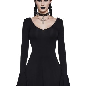 Widow Pentagram Strappy Long Bell Sleeve V Neck A Line Mini Dress