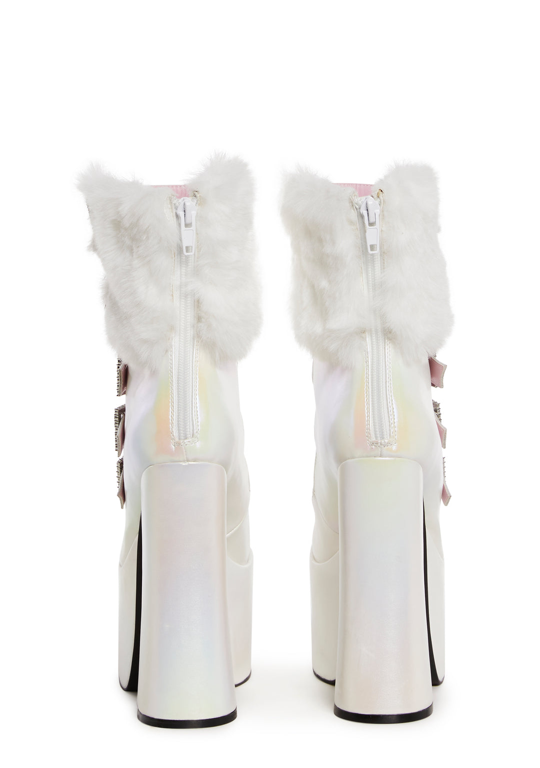 Sugar Thrillz Faux Fur Rhinestone Buckle Pearlescent Platform Boots - White - Image 4