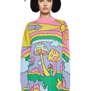 Current Mood Colorful Mushroom Rainbow Oversized Sweater - Rainbow/Multi