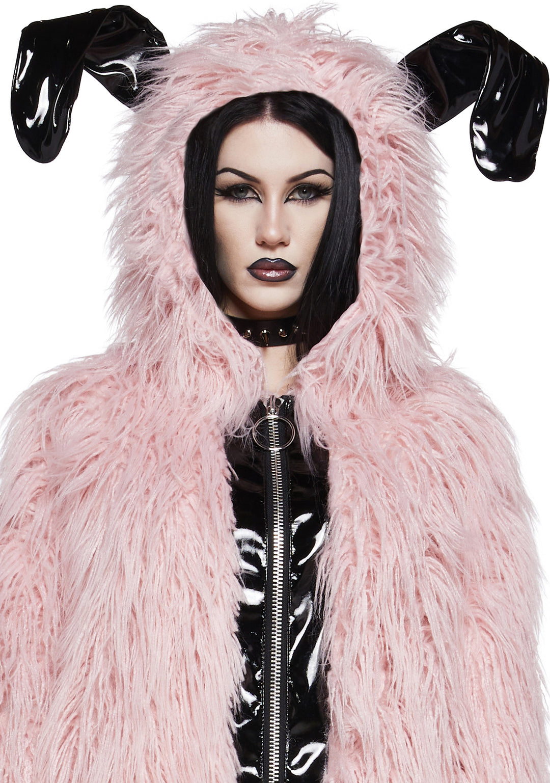 Widow Faux Fur Bunny Ear Jacket - Pink/Black - Image 5