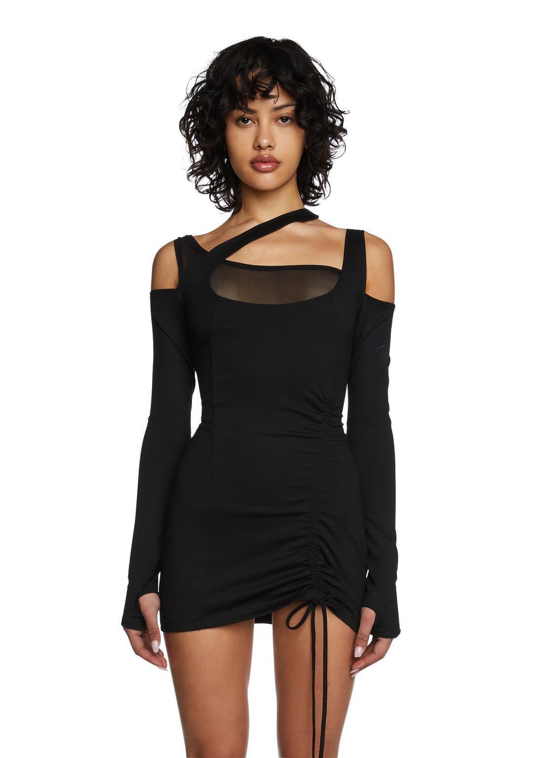 Poster Grl Asymmetrical Mesh Bust Ruched Long Sleeve Mini Dress