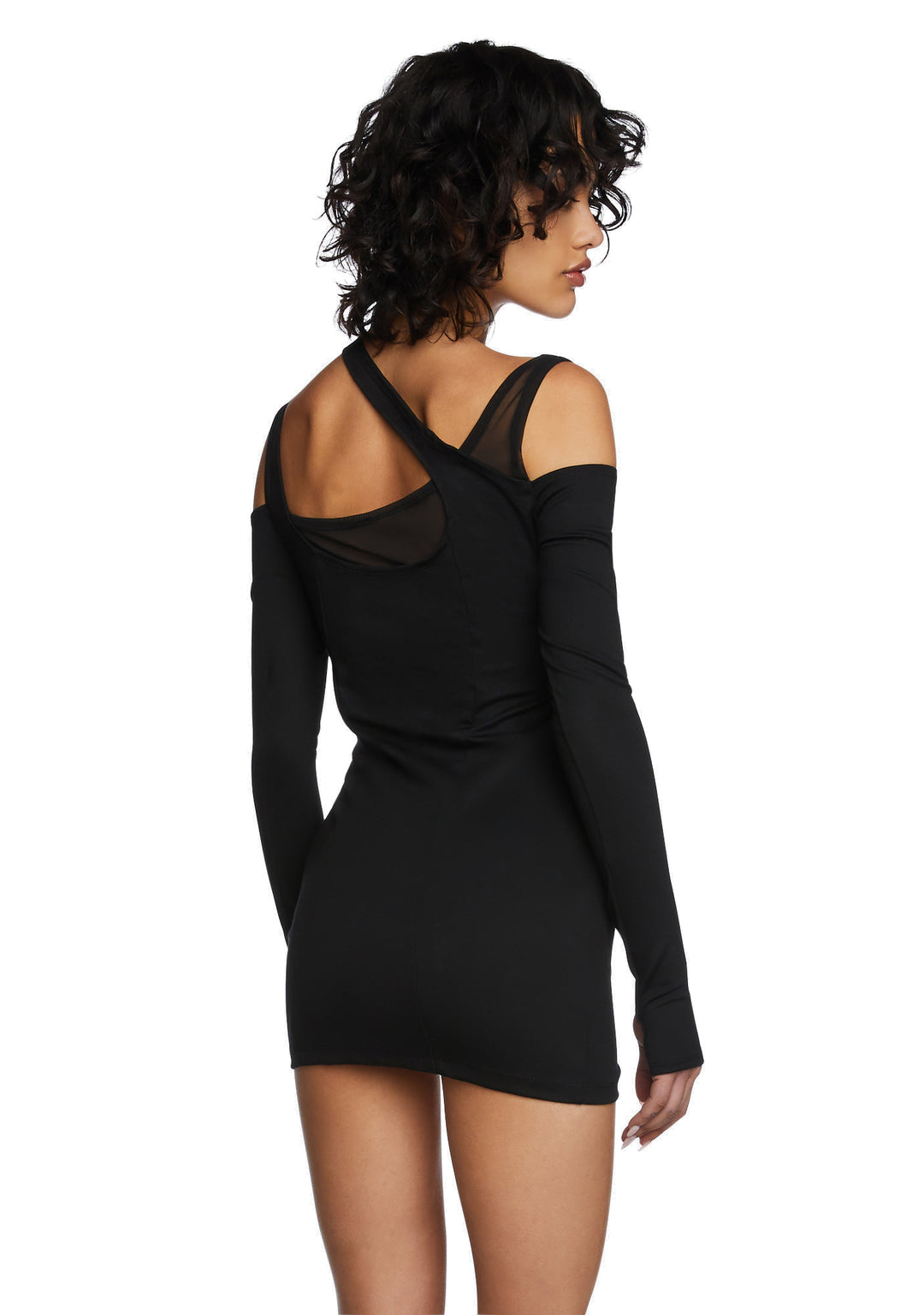 Poster Grl Asymmetrical Mesh Bust Ruched Long Sleeve Mini Dress - Image 4