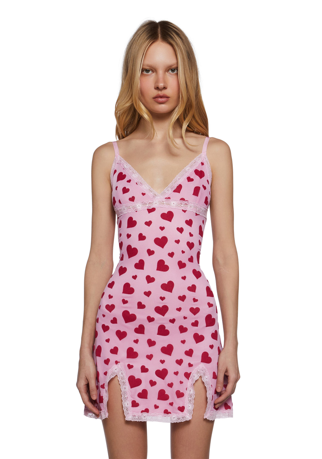 Sugar Thrillz Heart Print Lace Trim Slip Dress - Pink