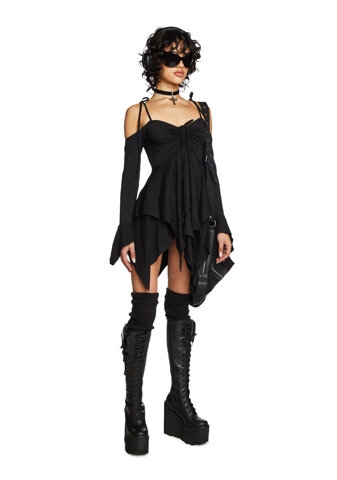 Current Mood Off The Shoulder Handkerchief Mini Dress - Black - Image 3