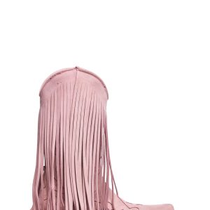 New Rock Pink Leather Fringe Cowboy Boots