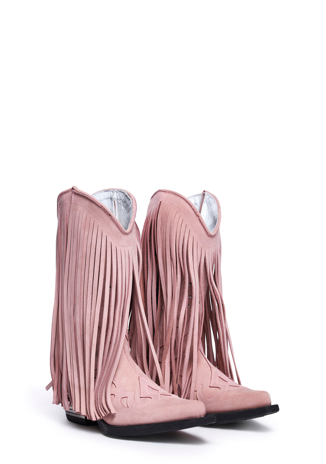 New Rock Pink Leather Fringe Cowboy Boots - Image 4