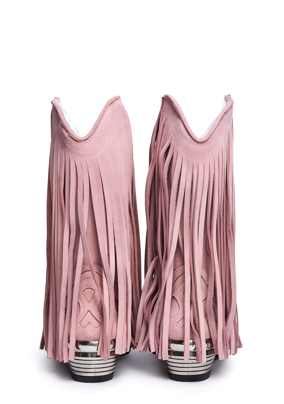 New Rock Pink Leather Fringe Cowboy Boots - Image 3