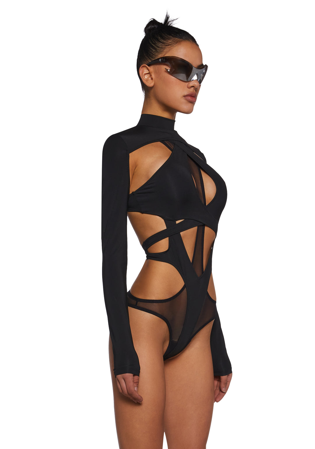 Darker Wavs Strappy Cut Out Spandex Mesh Bodysuit - Black - Image 3