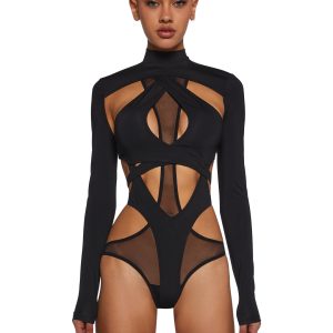 Darker Wavs Strappy Cut Out Spandex Mesh Bodysuit - Black