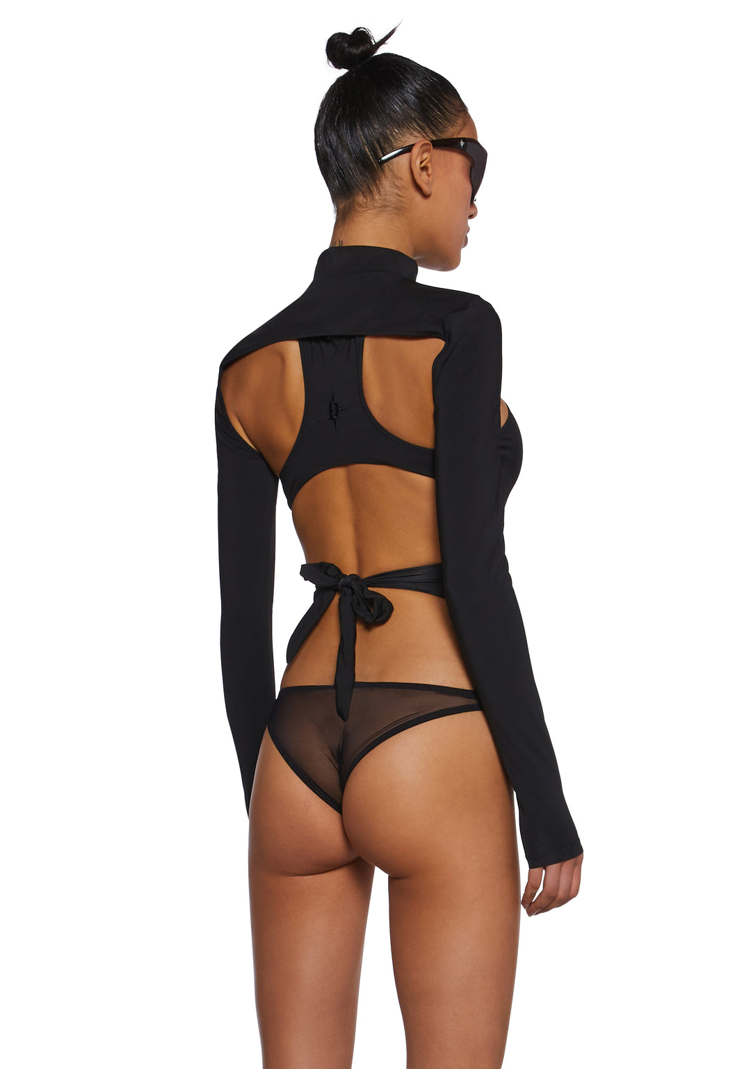 Darker Wavs Strappy Cut Out Spandex Mesh Bodysuit - Black - Image 4