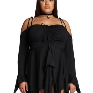 Current Mood Plus Size Off The Shoulder Handkerchief Mini Dress - Black
