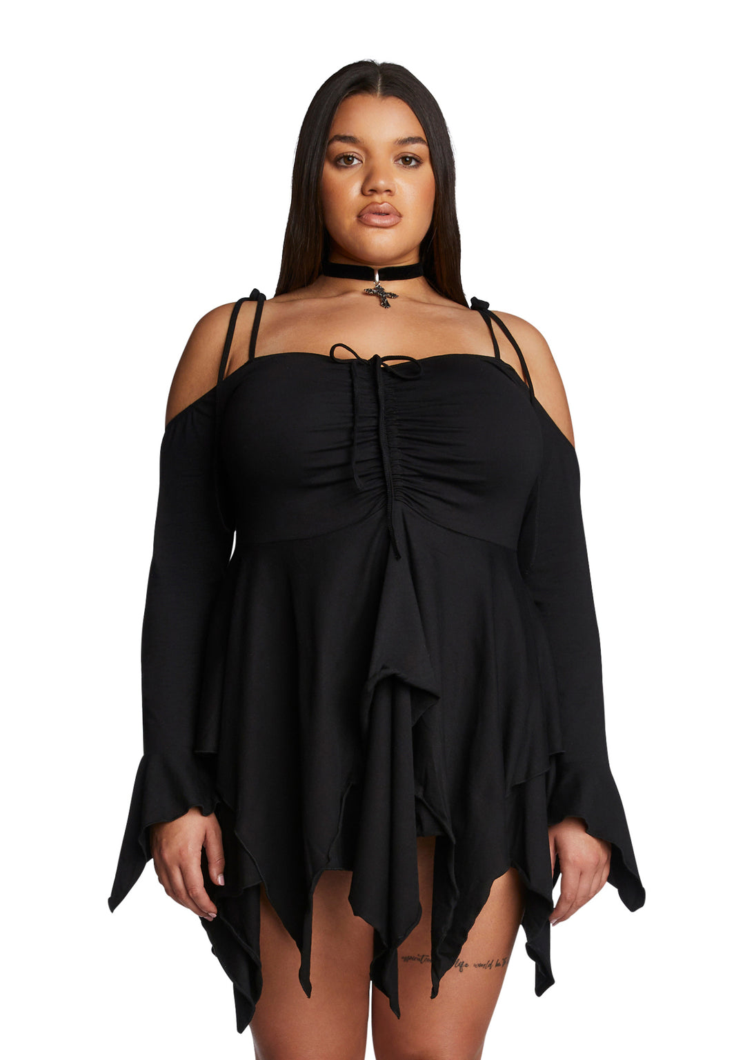 Current Mood Plus Size Off The Shoulder Handkerchief Mini Dress - Black