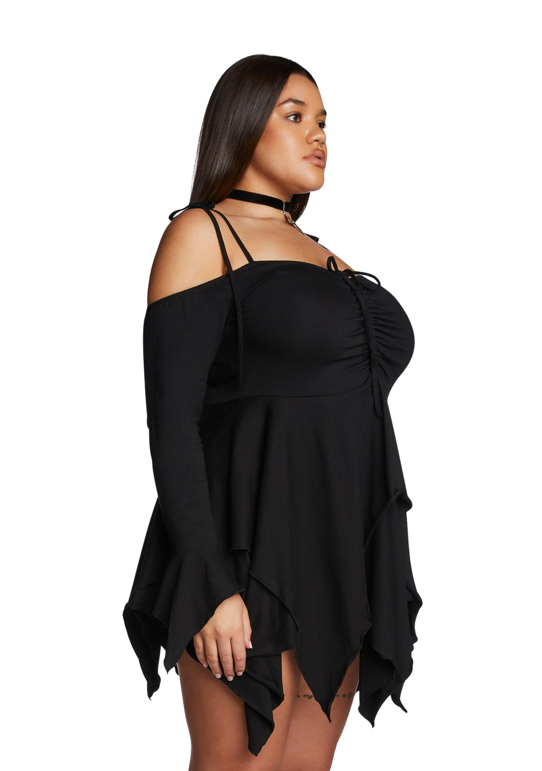 Current Mood Plus Size Off The Shoulder Handkerchief Mini Dress - Black - Image 3