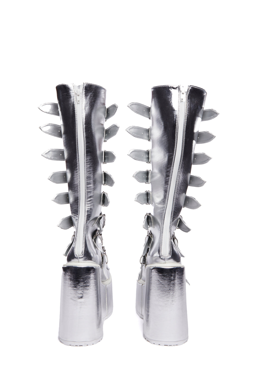 Demonia Knee High Buckle Platform Boots - Silver Metallic - Image 4