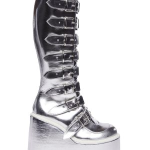 Demonia Knee High Buckle Platform Boots - Silver Metallic