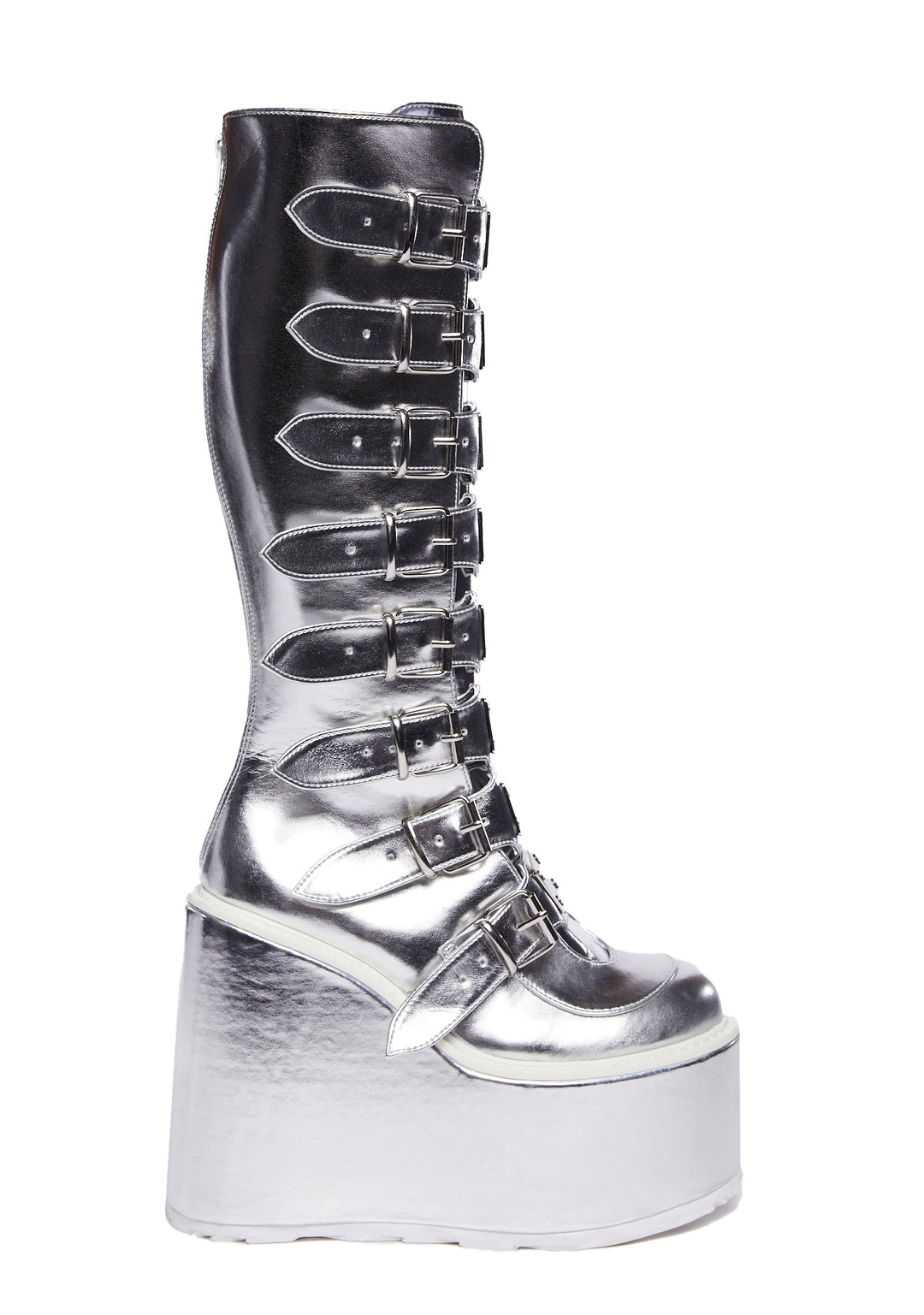 Demonia Knee High Buckle Platform Boots - Silver Metallic