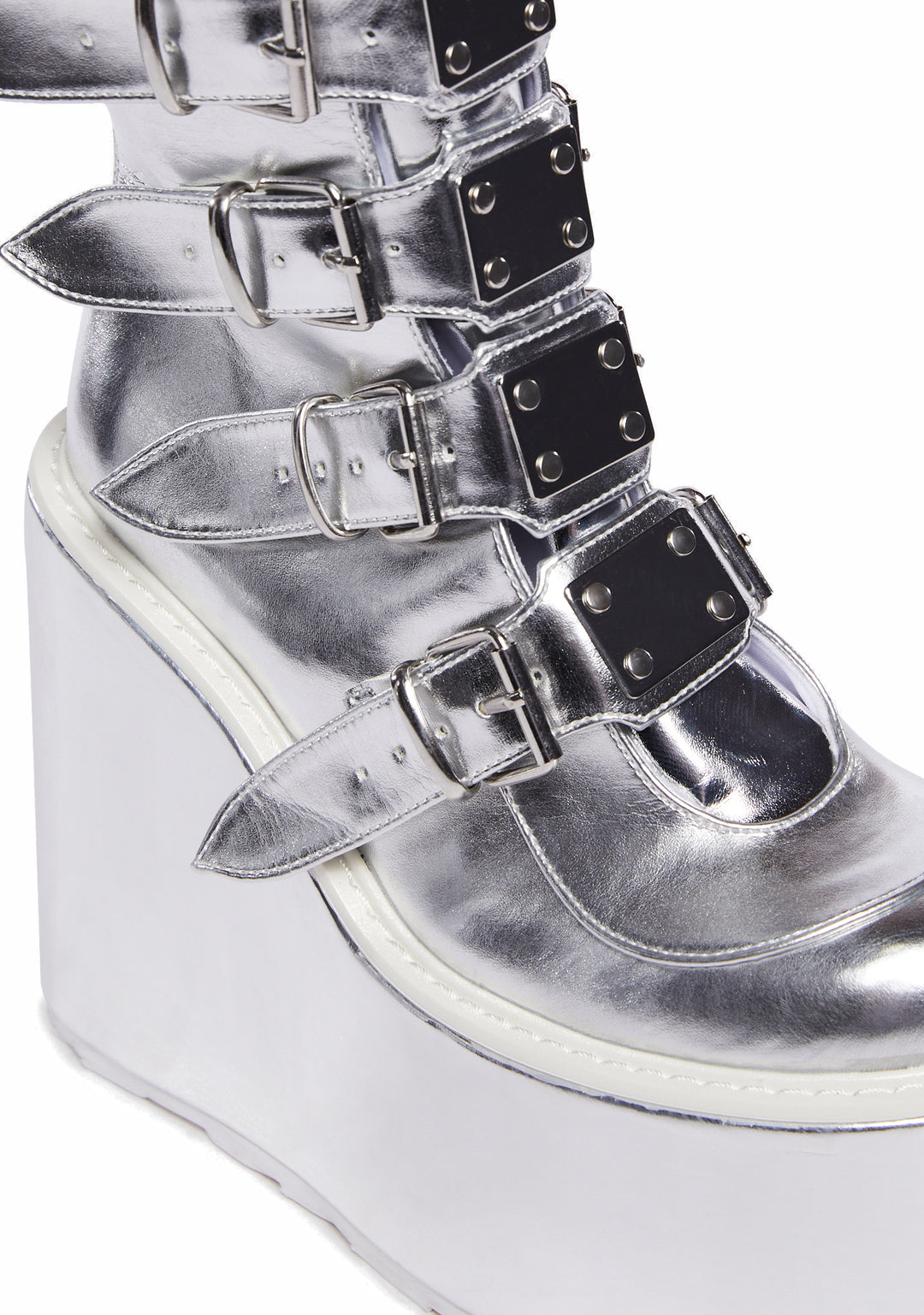 Demonia Knee High Buckle Platform Boots - Silver Metallic - Image 2