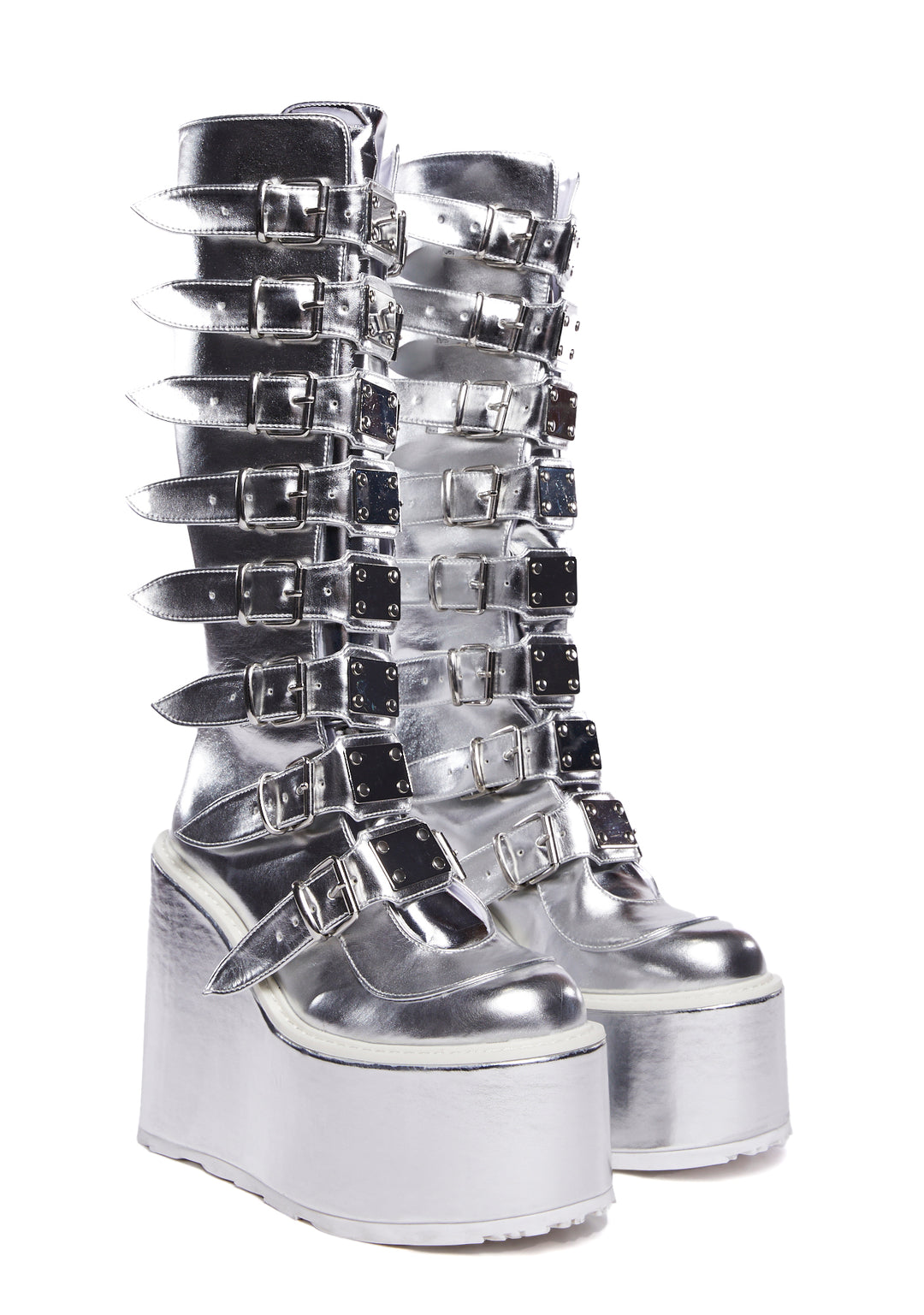 Demonia Knee High Buckle Platform Boots - Silver Metallic - Image 3