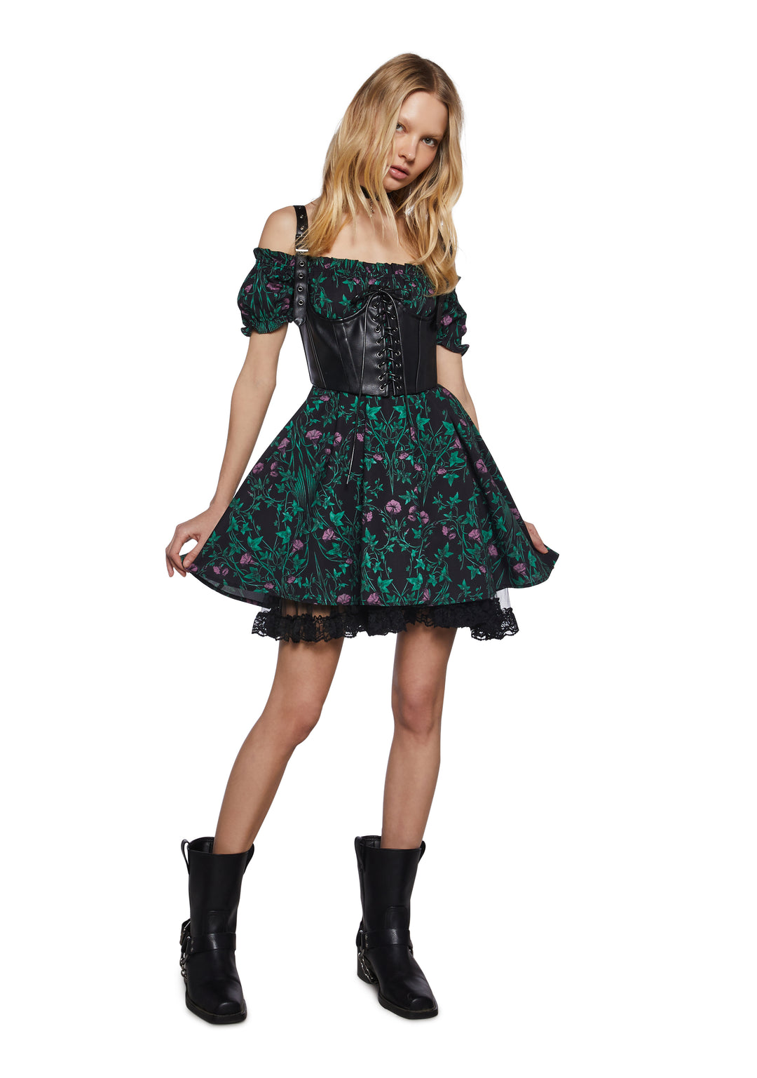 Widow Ivy Mini Dress With Vegan Leather Underbust Corset - Black/Green - Image 2
